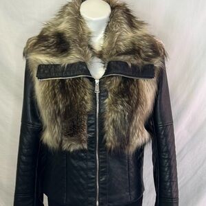 Black Leather Jacket with Faux Fur Collar